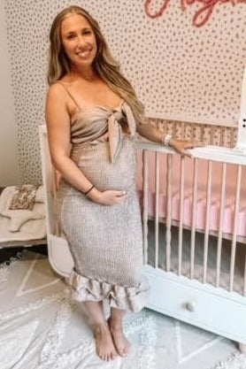 Mocha Gingham Print Smocked Fitted Self-Tie Maternity Midi Dress by PinkBlush (view 13 of 25)