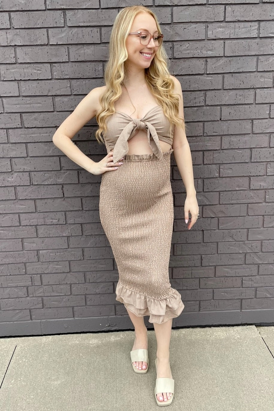 Mocha Gingham Print Smocked Fitted Self-Tie Maternity Midi Dress by PinkBlush (view 14 of 25)