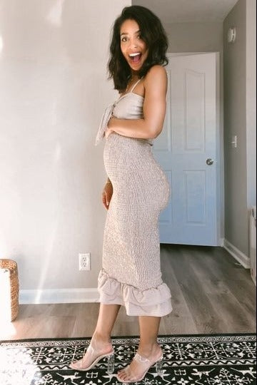 Mocha Gingham Print Smocked Fitted Self-Tie Maternity Midi Dress by PinkBlush (view 15 of 25)
