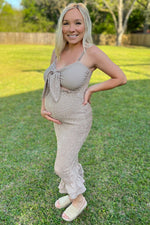 Mocha Gingham Print Smocked Fitted Self-Tie Maternity Midi Dress by PinkBlush (view 16 of 25)