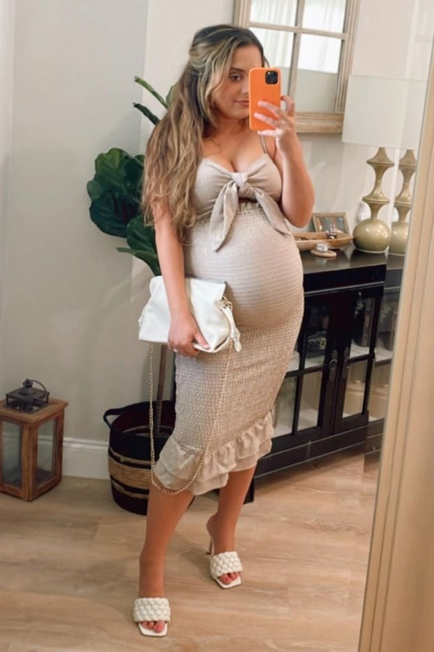 Mocha Gingham Print Smocked Fitted Self-Tie Maternity Midi Dress by PinkBlush (view 17 of 25)