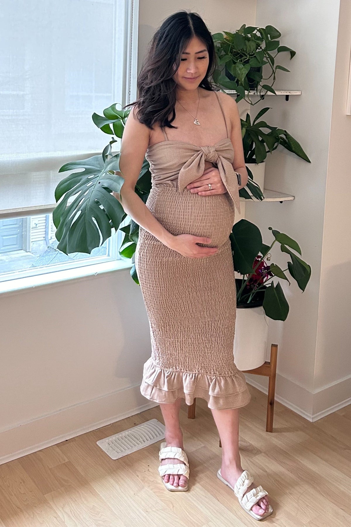 Mocha Gingham Print Smocked Fitted Self-Tie Maternity Midi Dress by PinkBlush (view 18 of 25)