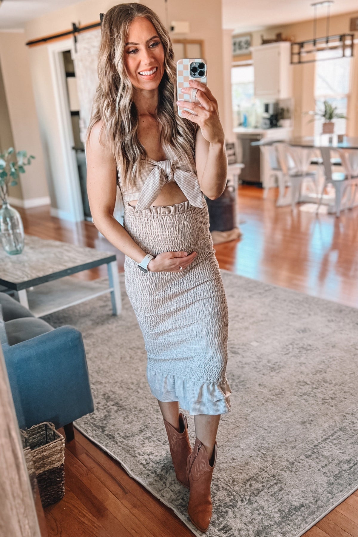 Mocha Gingham Print Smocked Fitted Self-Tie Maternity Midi Dress by PinkBlush (view 21 of 25)