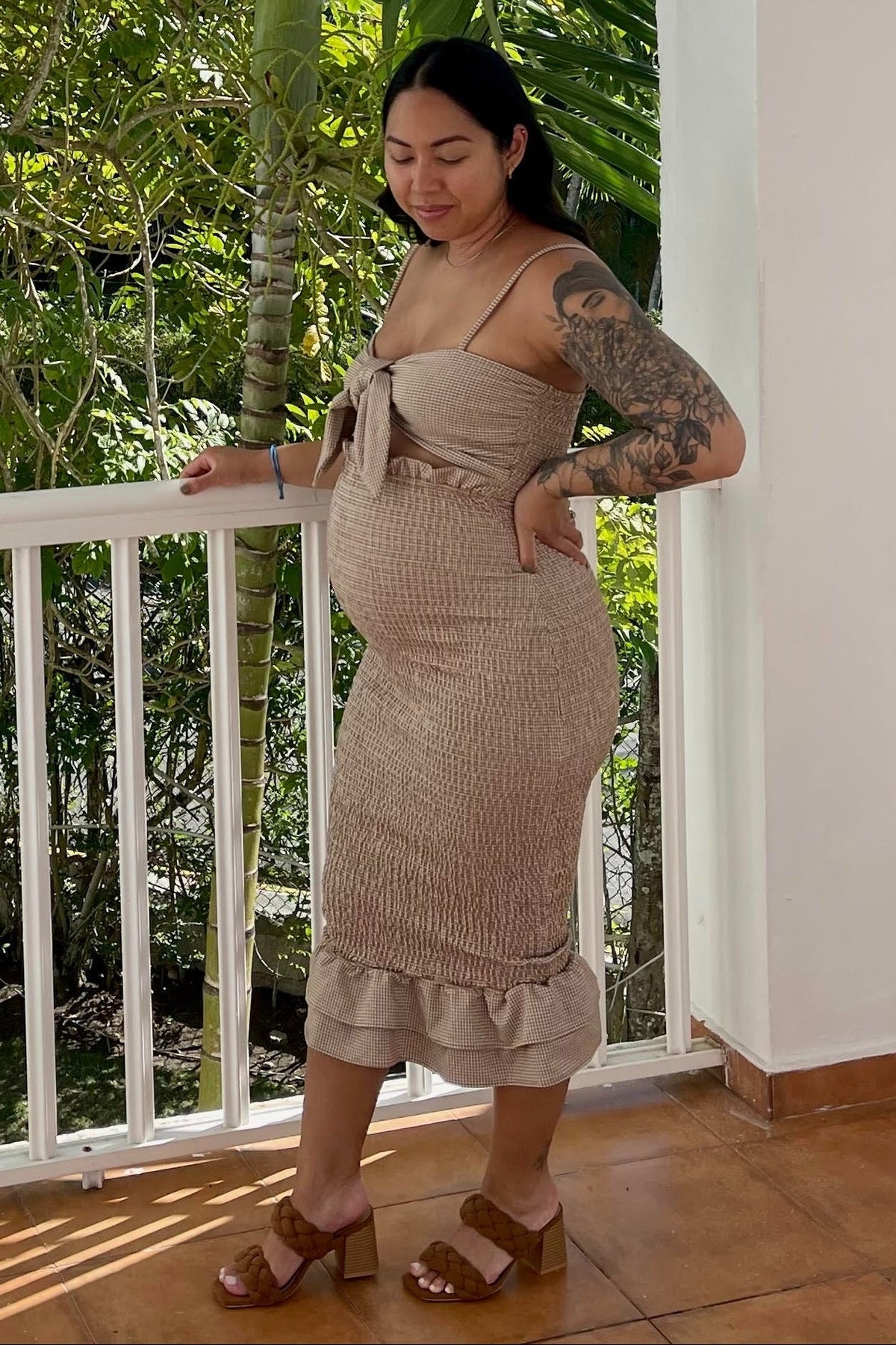 Mocha Gingham Print Smocked Fitted Self-Tie Maternity Midi Dress by PinkBlush (view 22 of 25)