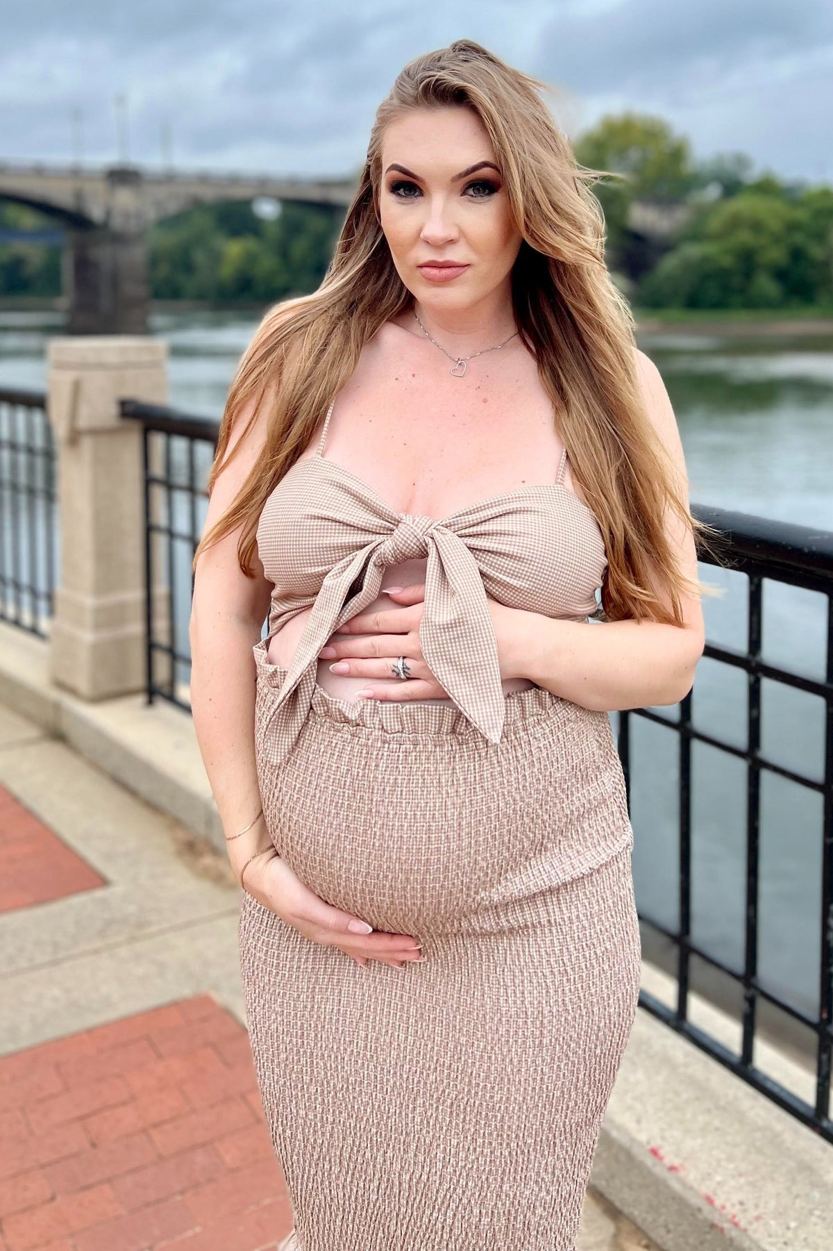 Mocha Gingham Print Smocked Fitted Self-Tie Maternity Midi Dress by PinkBlush (view 23 of 25)