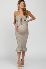 Mocha Gingham Print Smocked Fitted Self-Tie Maternity Midi Dress by PinkBlush (view 1 of 25)