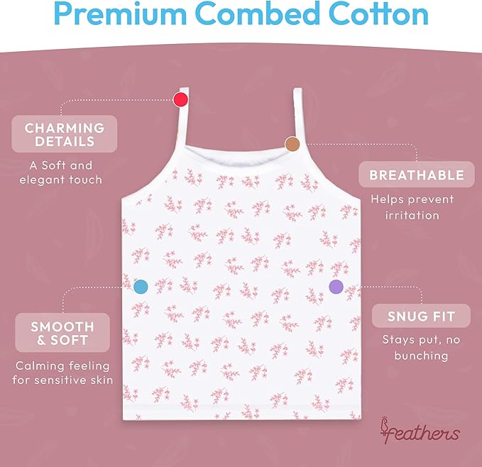 Feathers Leafy Style Super Soft Girls Undershirts Tagless Camisoles – Cotton Cami Girls Tank Tops (5 Pack) by Feathers USA at Everetts Place