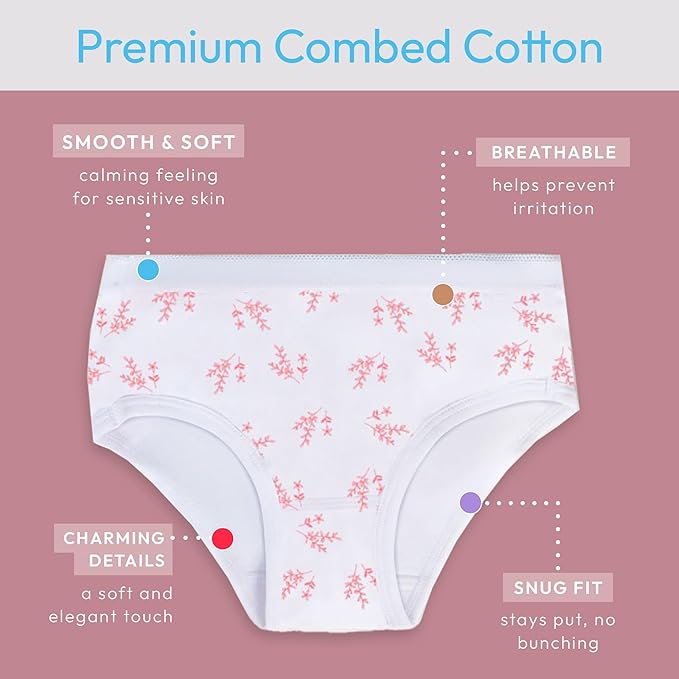 Feathers Leafy Print Snug Tagless Cotton Underwear – Girls Underwear Briefs Super Soft Panties (3 Pack) by Feathers USA at Everetts Place