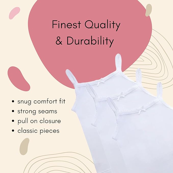 Feathers Girls Solid White Snug Fit Tagless Cami Vest - 100% Cotton Super Soft Undershirts (3/Pack) by Feathers USA at Everetts Place
