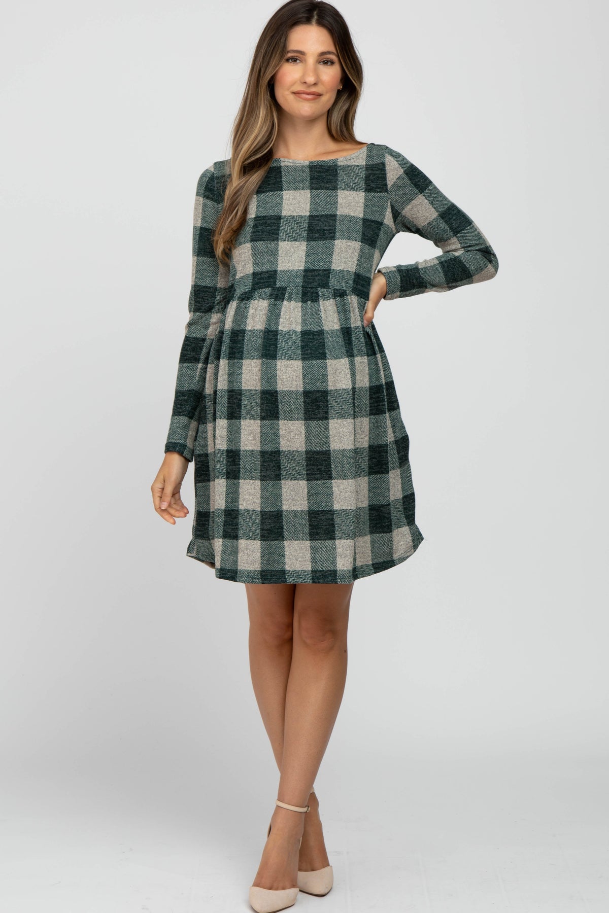 Forest Green Plaid Knit Maternity Dress by PinkBlush