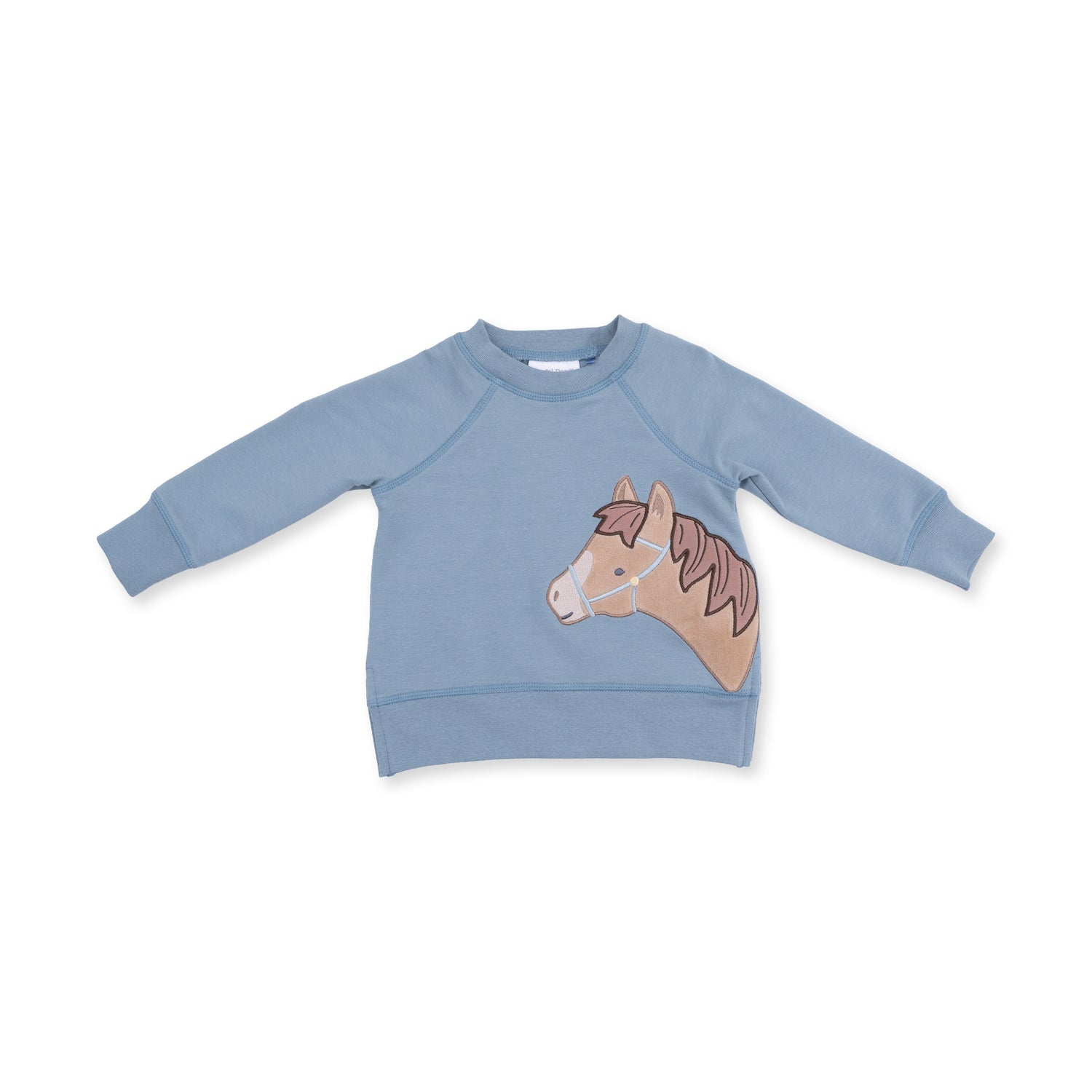 Raglan sweatshirt in organic French terry with a horse head applique on the front and contrasting raglan sleeves.