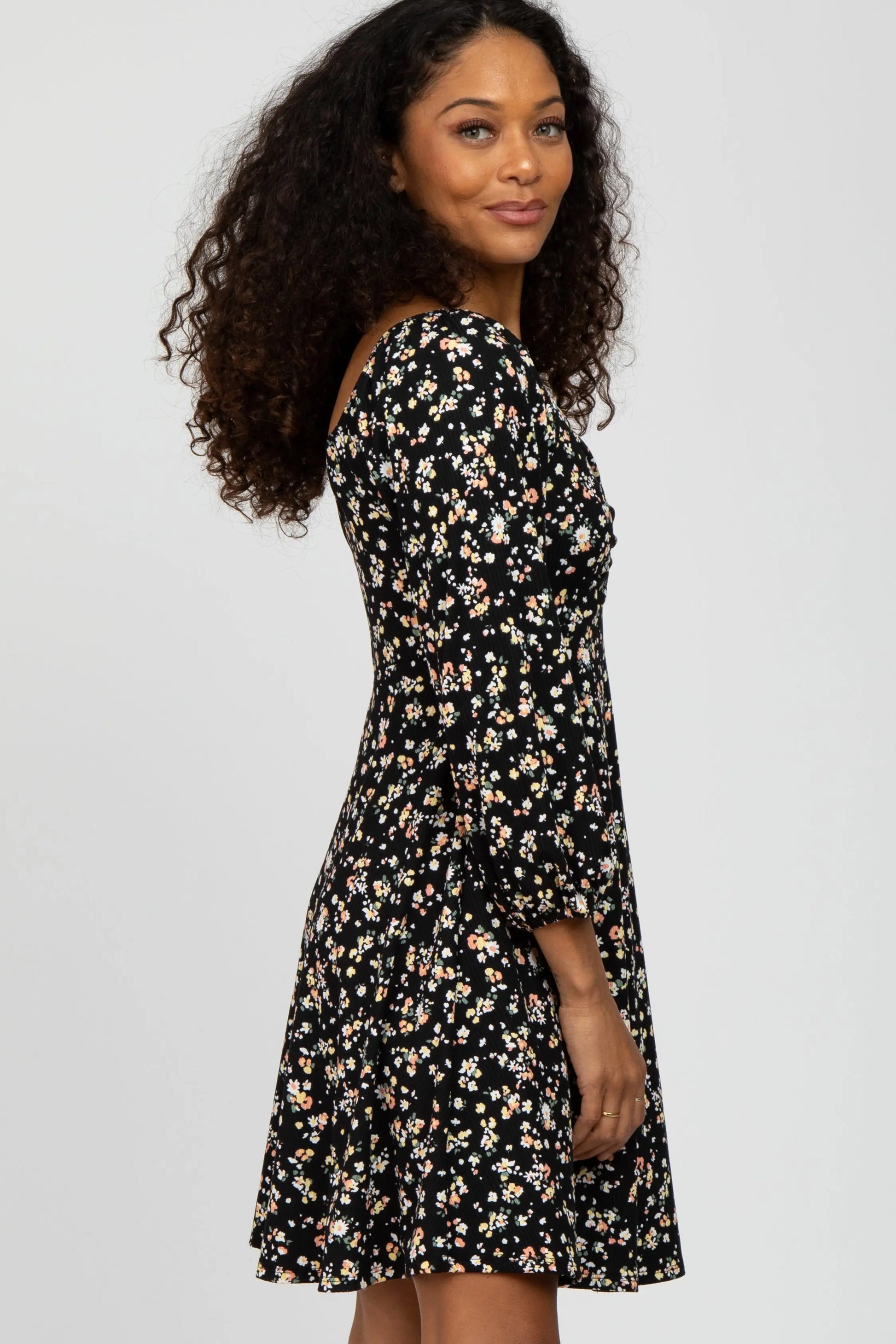 Black Floral Ribbed Ruched Bust Dress With Long Sleeves PinkBlush