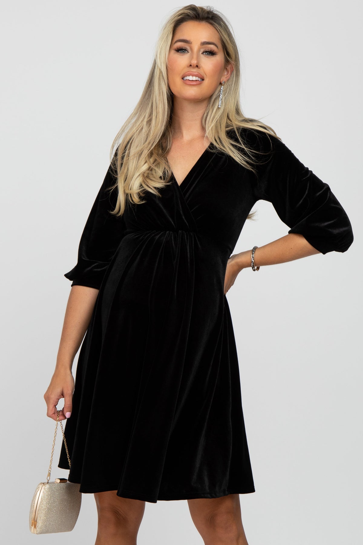 Black Velvet Wrap Front Babydoll Maternity Dress by PinkBlush