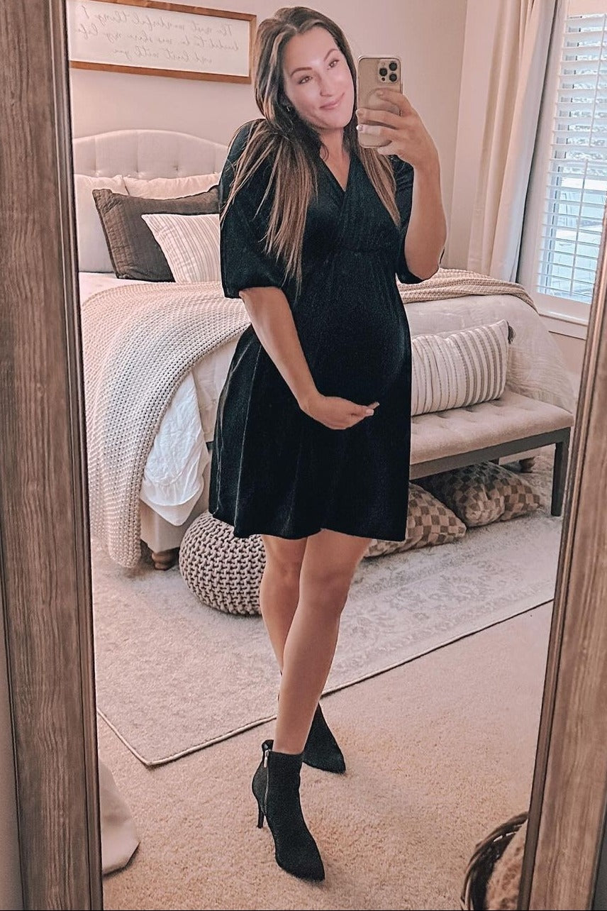 Black Velvet Wrap Front Babydoll Maternity Dress by PinkBlush