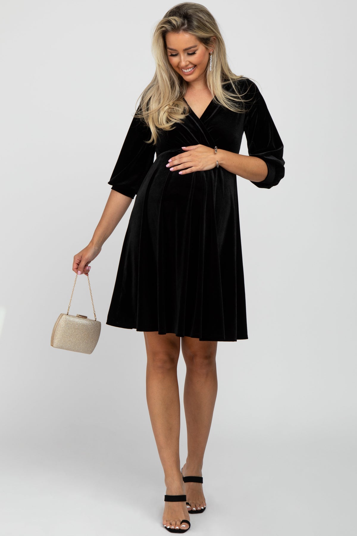 Black Velvet Wrap Front Babydoll Maternity Dress by PinkBlush
