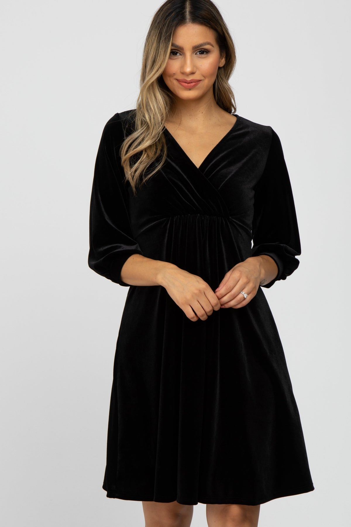 Black Velvet Wrap Front Babydoll Maternity Dress by PinkBlush