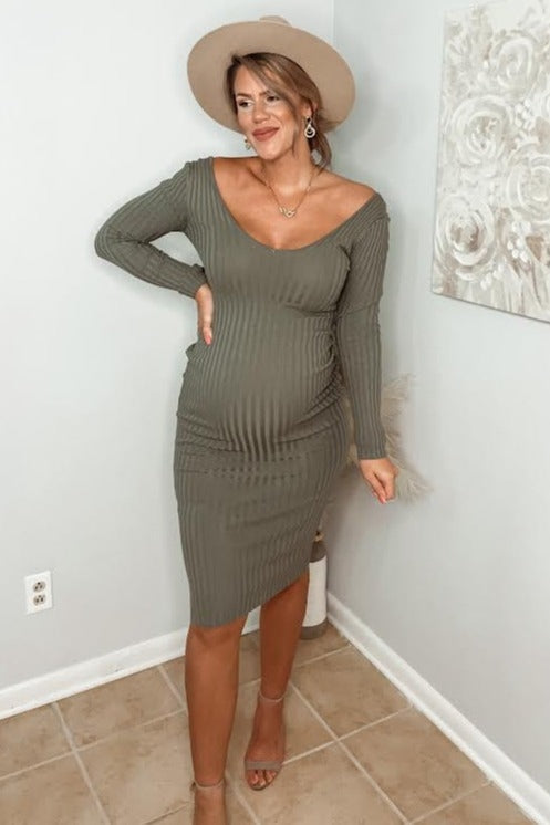 Light Olive V-Neck Long Sleeve Fitted Maternity Maxi Dress by PinkBlush (view 6 of 9)
