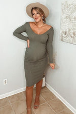 Light Olive V-Neck Long Sleeve Fitted Maternity Maxi Dress by PinkBlush (view 6 of 9)