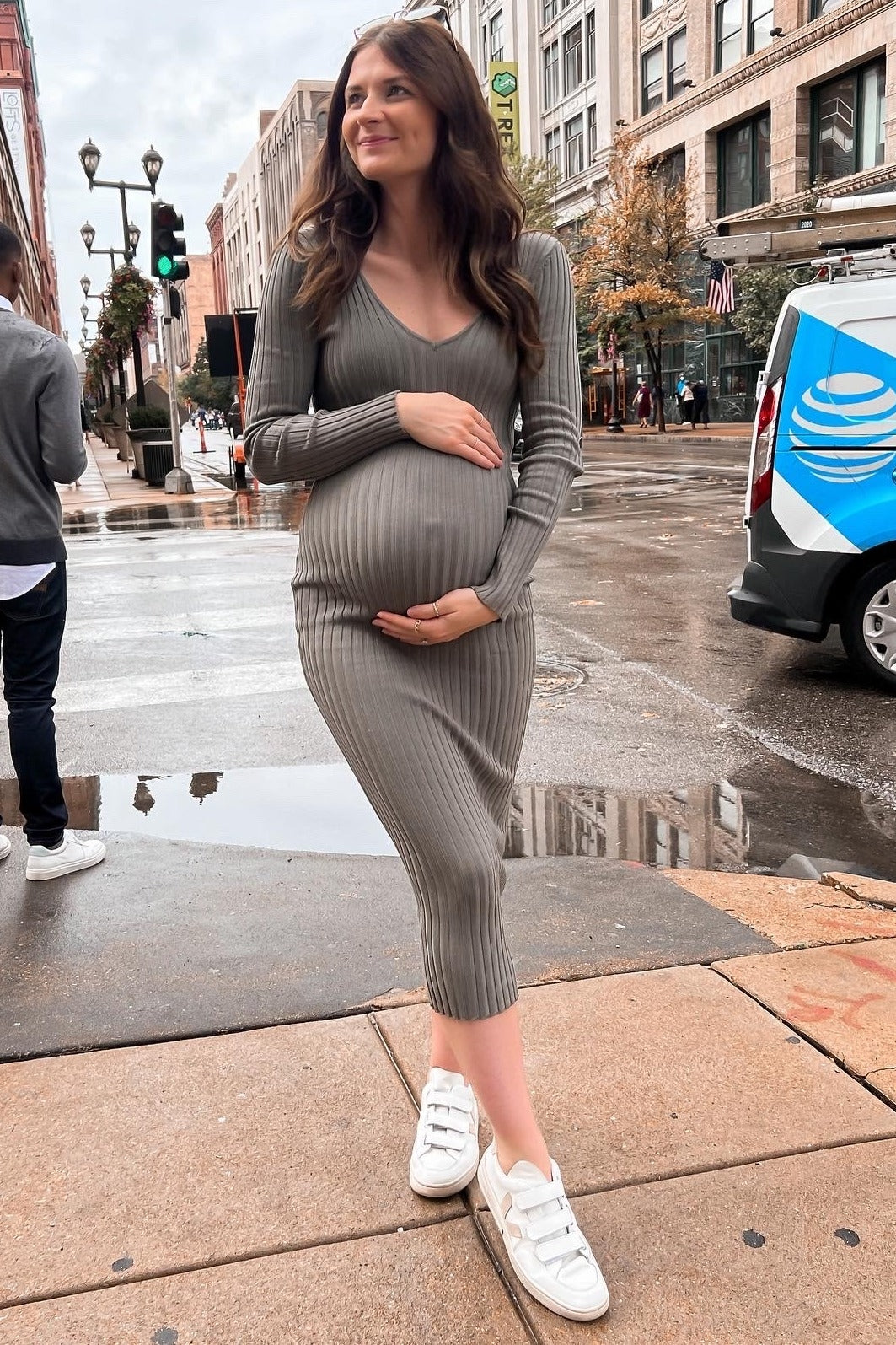 Light Olive V-Neck Long Sleeve Fitted Maternity Maxi Dress by PinkBlush (view 7 of 9)
