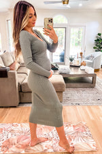 Light Olive V-Neck Long Sleeve Fitted Maternity Maxi Dress by PinkBlush (view 8 of 9)