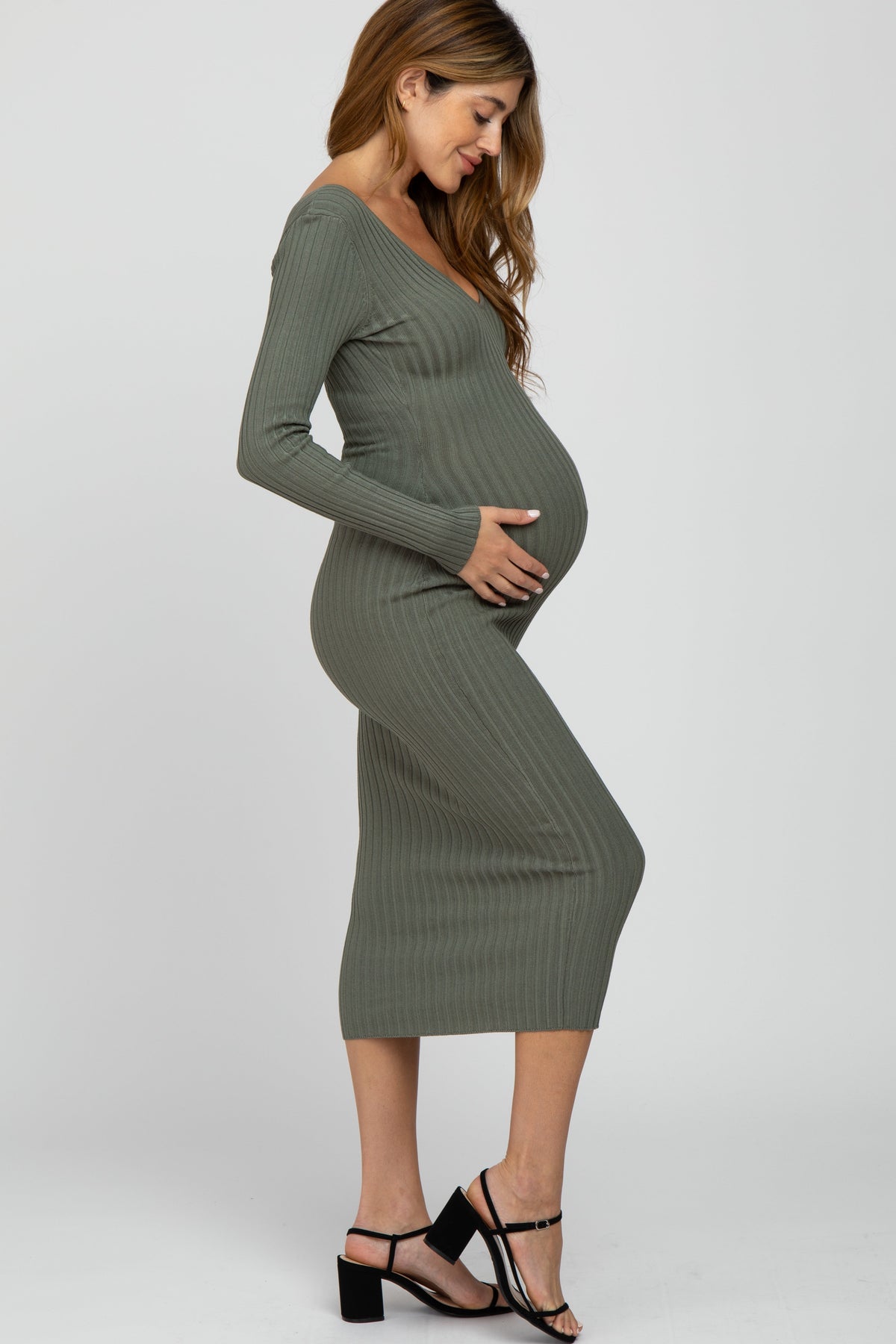 Light Olive V-Neck Long Sleeve Fitted Maternity Maxi Dress by PinkBlush (view 4 of 9)