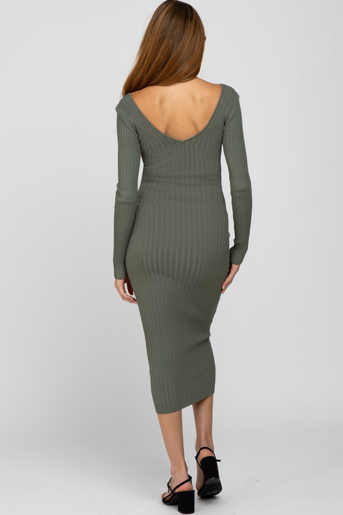Light Olive V-Neck Long Sleeve Fitted Maternity Maxi Dress by PinkBlush (view 5 of 9)