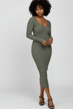 Light Olive V-Neck Long Sleeve Fitted Maxi Dress by PinkBlush (view 2 of 4)