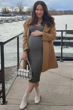 Light Olive V-Neck Long Sleeve Fitted Maternity Maxi Dress by PinkBlush (view 2 of 9)