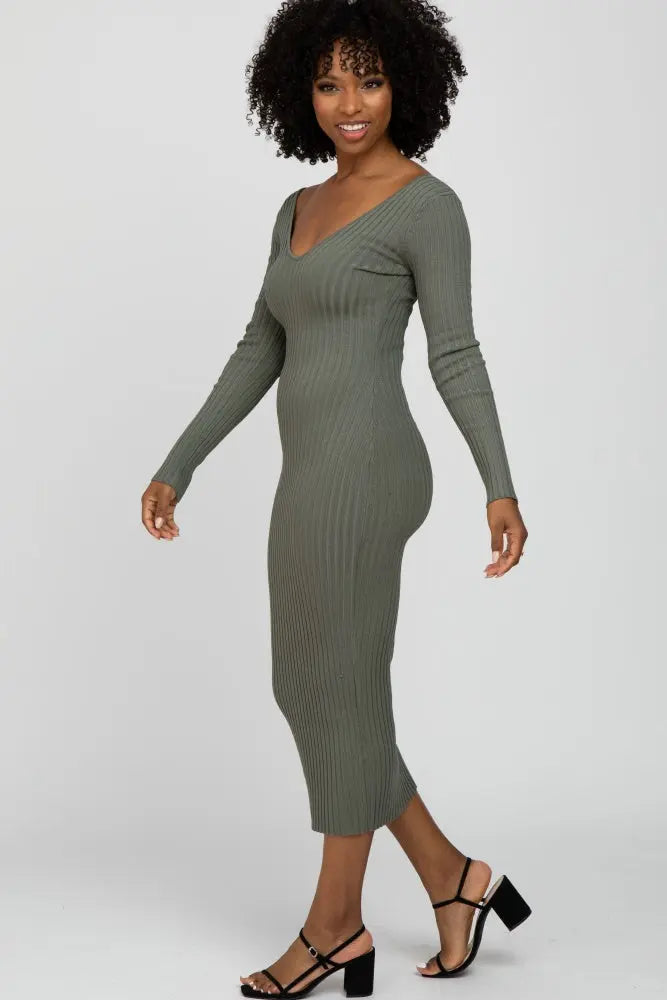Light Olive V-Neck Long Sleeve Fitted Maxi Dress PinkBlush 