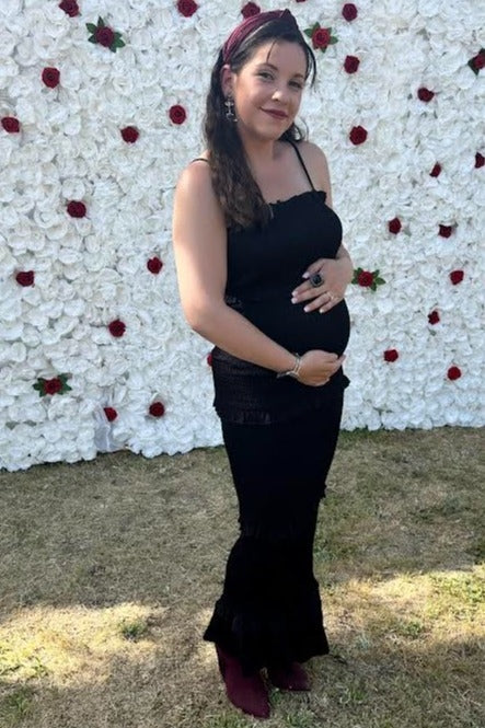 Satin Smocked Fitted Maternity Midi Dress by PinkBlush (view 7 of 14)