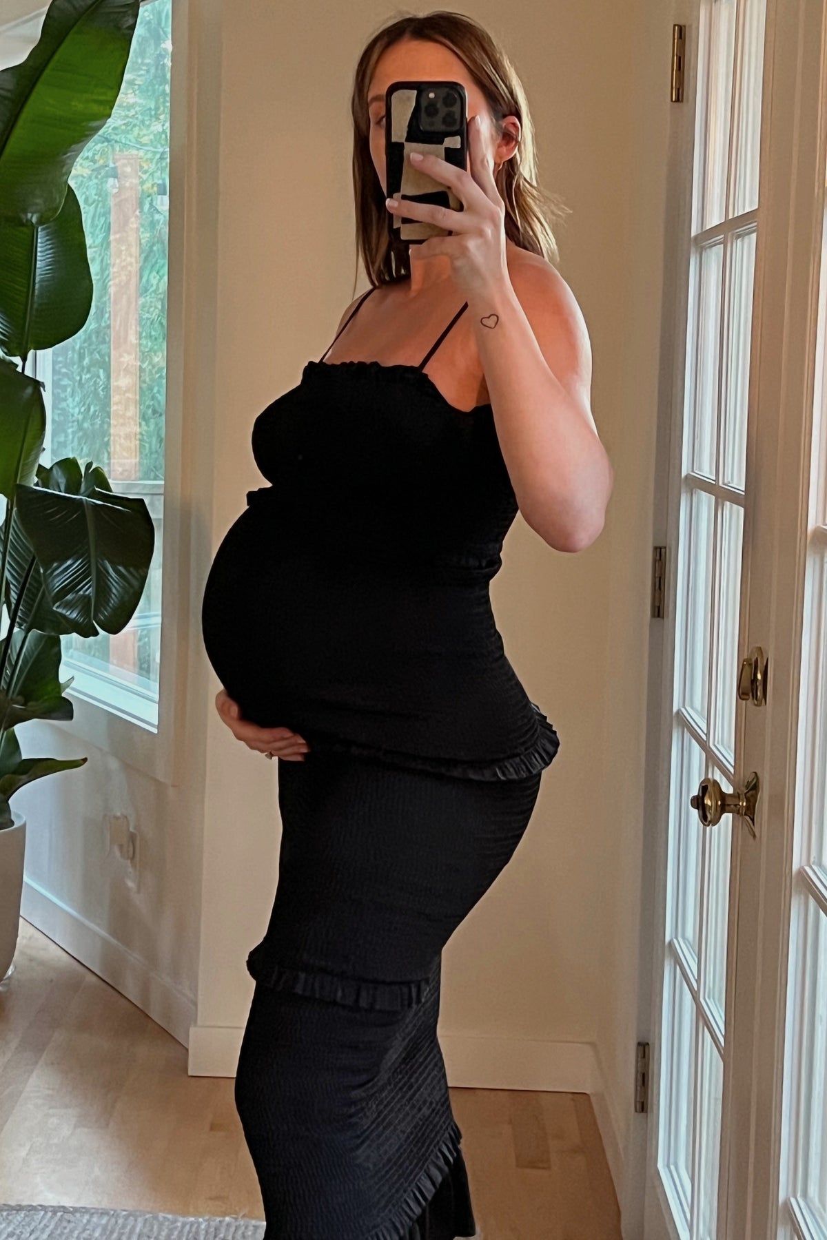 Satin Smocked Fitted Maternity Midi Dress by PinkBlush (view 11 of 14)