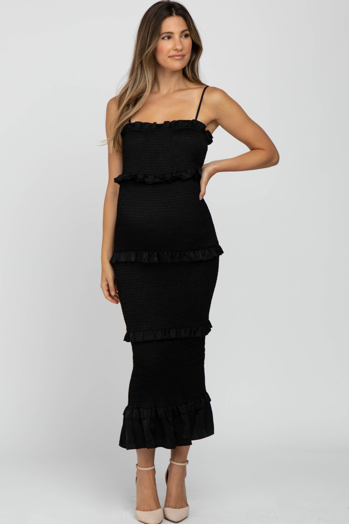 Satin Smocked Fitted Maternity Midi Dress by PinkBlush (view 2 of 14)