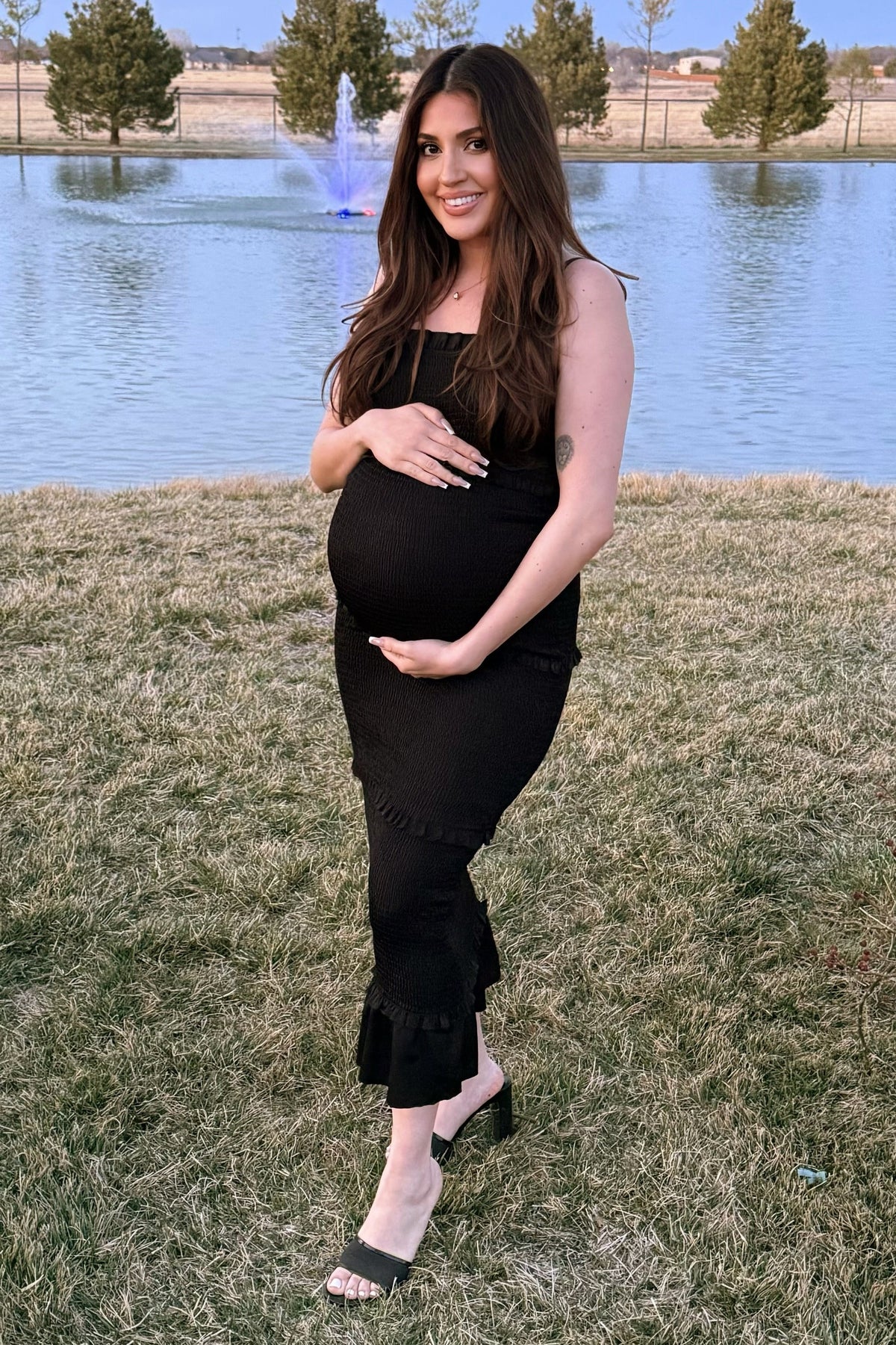 Satin Smocked Fitted Maternity Midi Dress by PinkBlush (view 12 of 14)