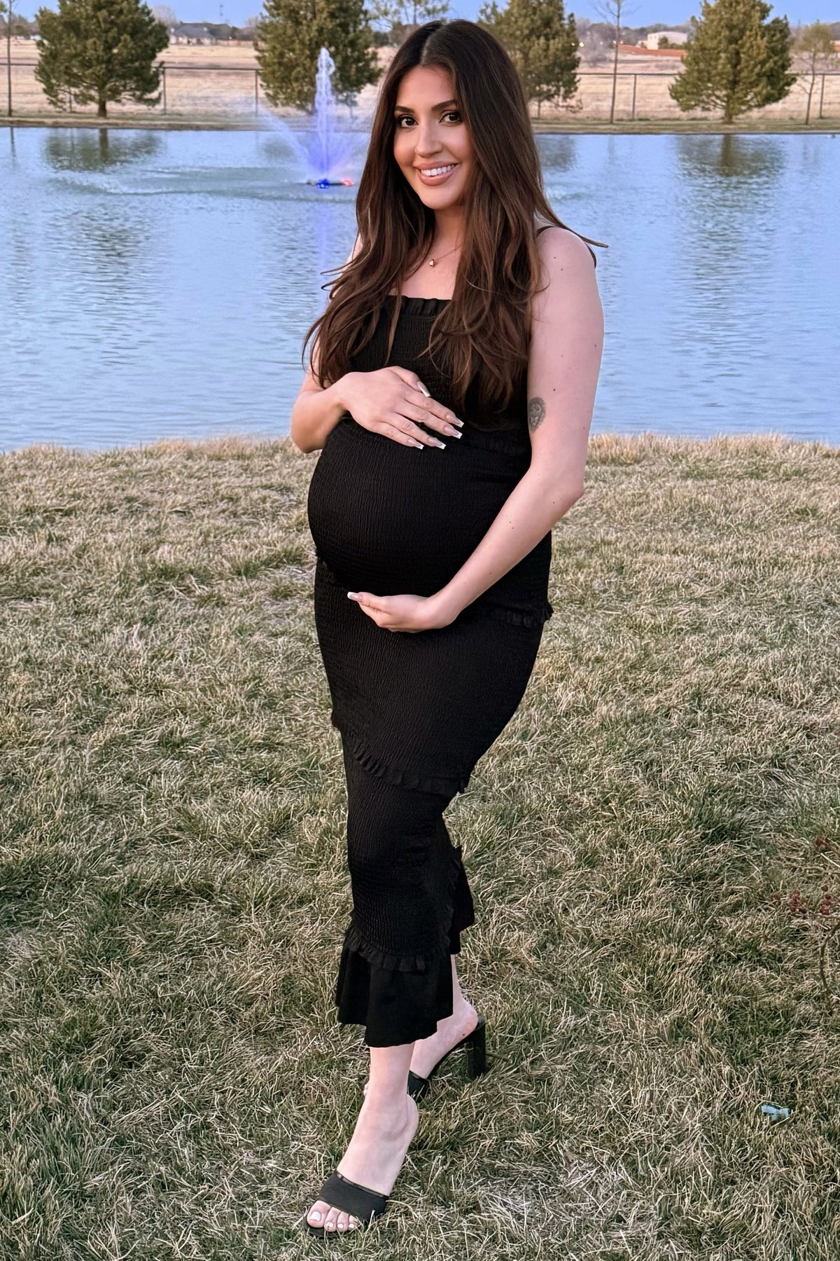 Satin Smocked Fitted Maternity Midi Dress by PinkBlush (view 13 of 14)