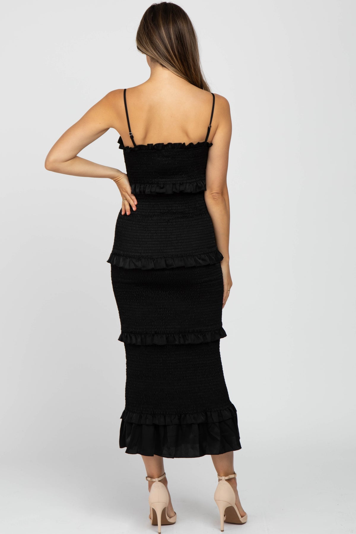 Satin Smocked Fitted Maternity Midi Dress by PinkBlush (view 4 of 14)