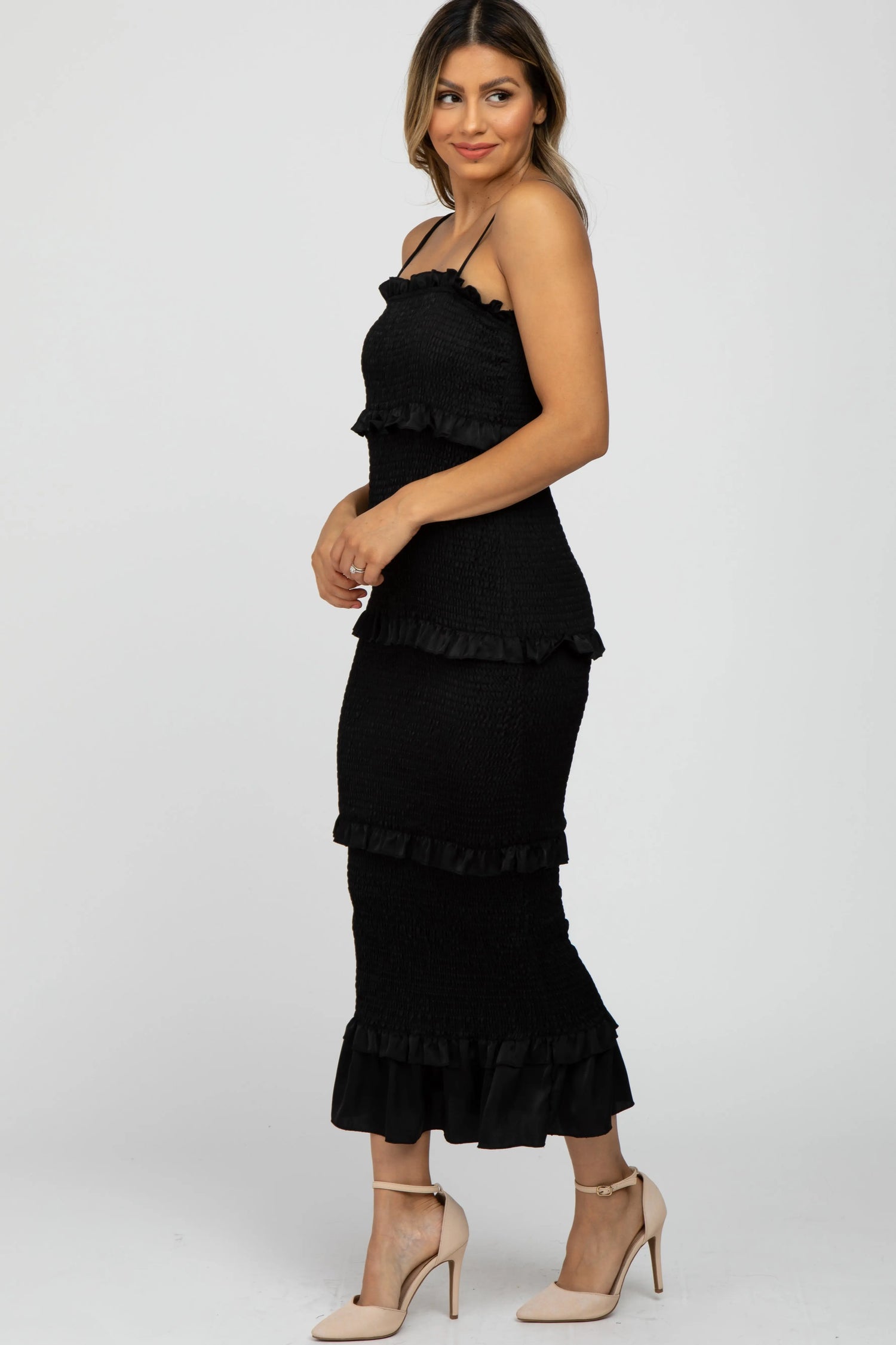 Black Satin Smocked Fitted Midi Dress PinkBlush 