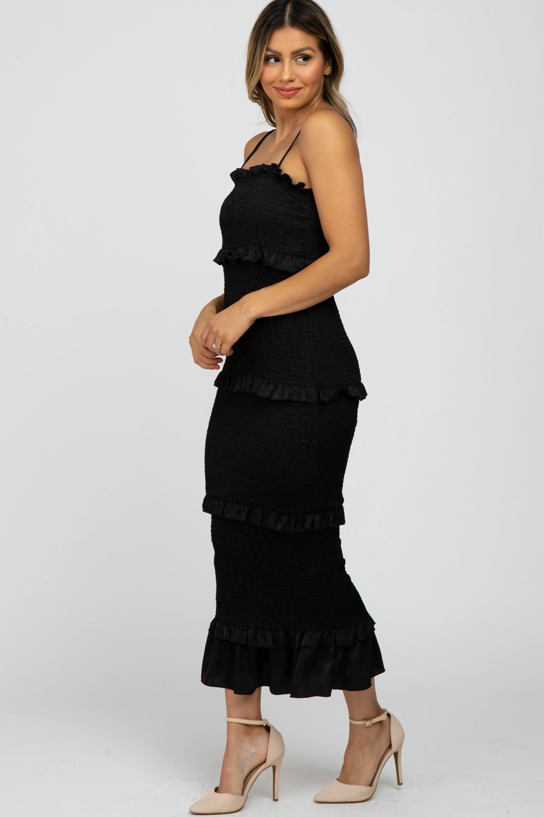 Black Satin Smocked Fitted Midi Dress PinkBlush 