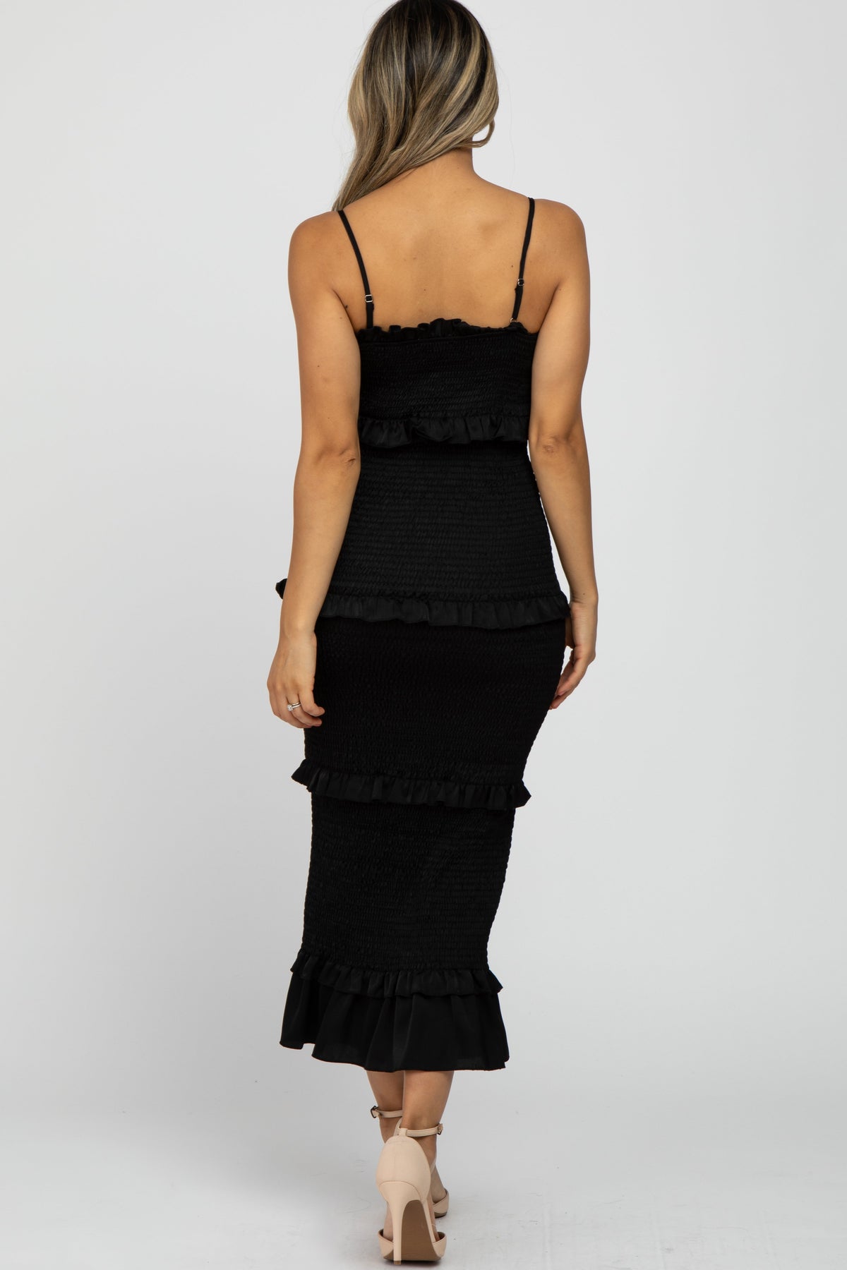 Black Satin Smocked Midi Dress by PinkBlush (view 3 of 4)