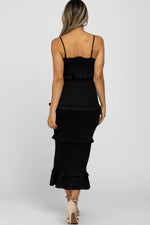 Black Satin Smocked Fitted Midi Dress PinkBlush 