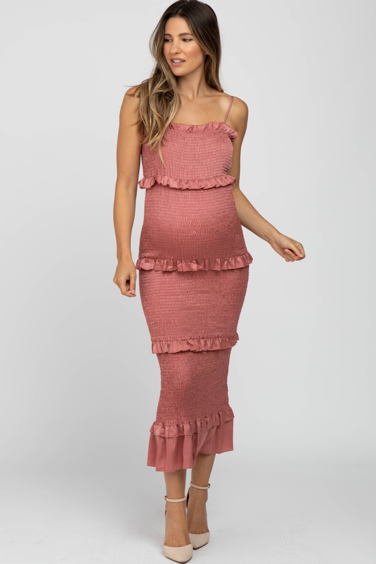 Mauve Satin Smocked Fitted Maternity Midi Dress by PinkBlush (view 2 of 24)