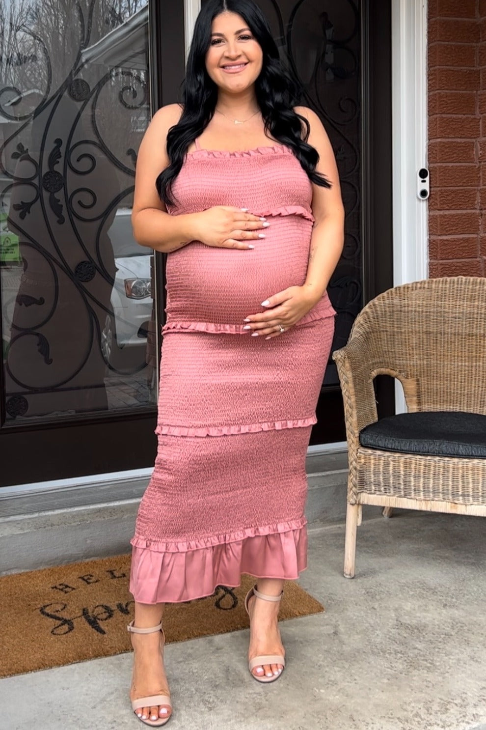 Mauve Satin Smocked Fitted Maternity Midi Dress by PinkBlush (view 6 of 24)