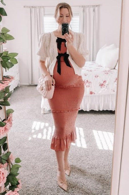 Mauve Satin Smocked Fitted Maternity Midi Dress by PinkBlush (view 7 of 24)