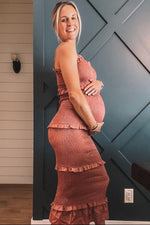 Mauve Satin Smocked Fitted Maternity Midi Dress by PinkBlush (view 9 of 24)
