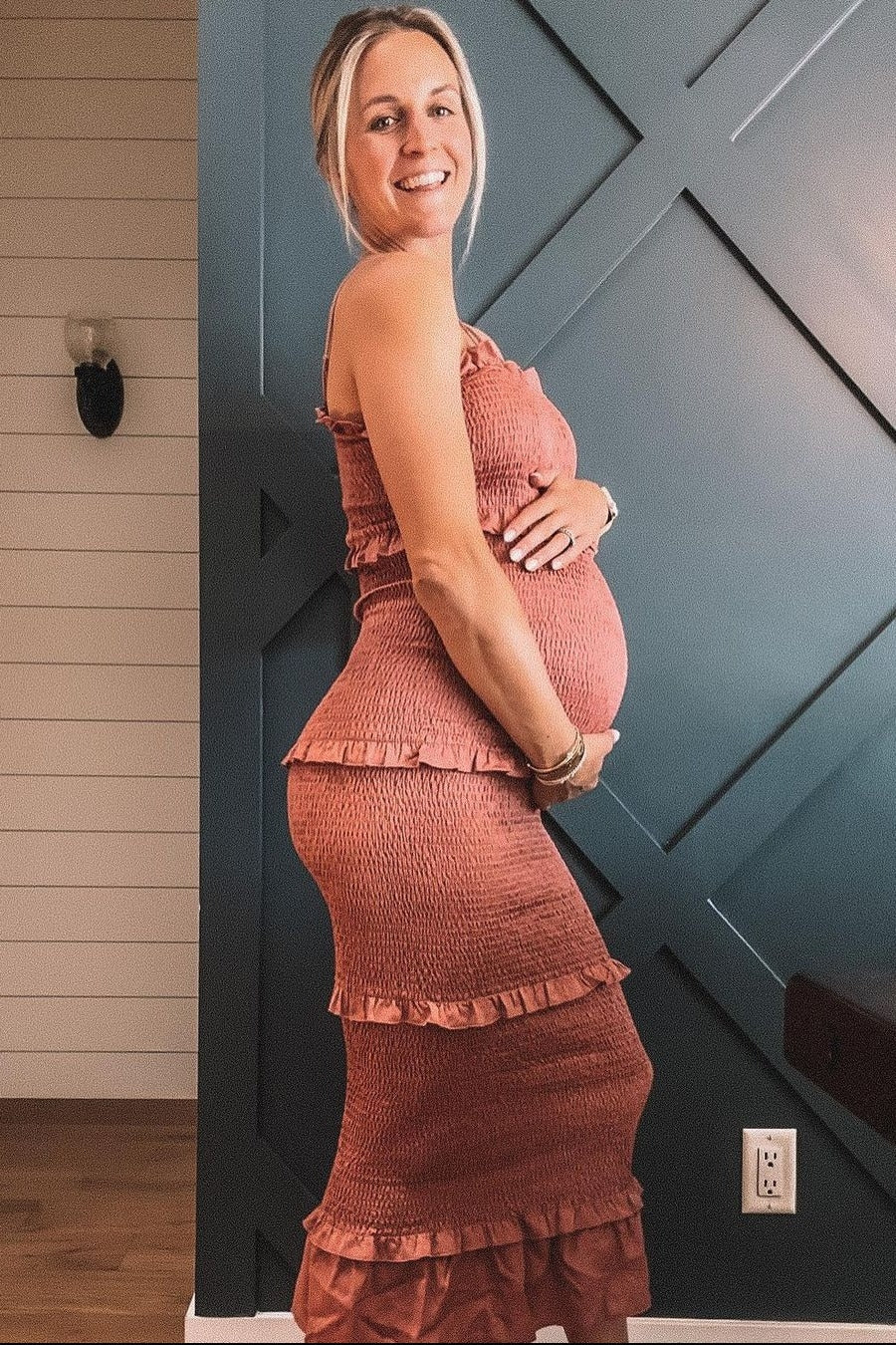Mauve Satin Smocked Fitted Maternity Midi Dress by PinkBlush (view 9 of 24)
