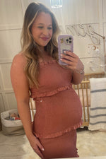 Mauve Satin Smocked Fitted Maternity Midi Dress by PinkBlush (view 10 of 24)