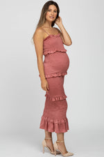 Mauve Satin Smocked Fitted Maternity Midi Dress by PinkBlush (view 3 of 24)