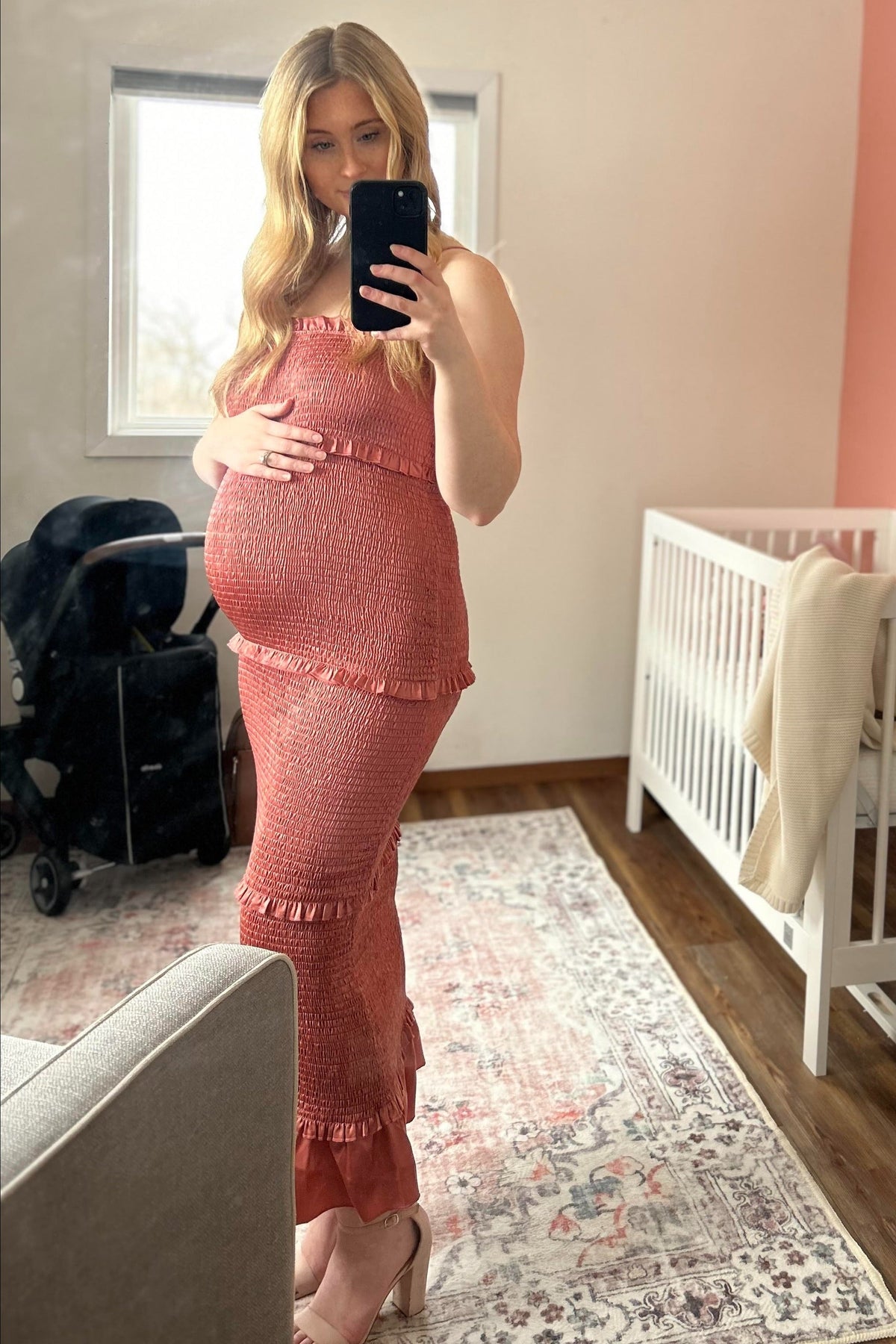 Mauve Satin Smocked Fitted Maternity Midi Dress by PinkBlush (view 11 of 24)