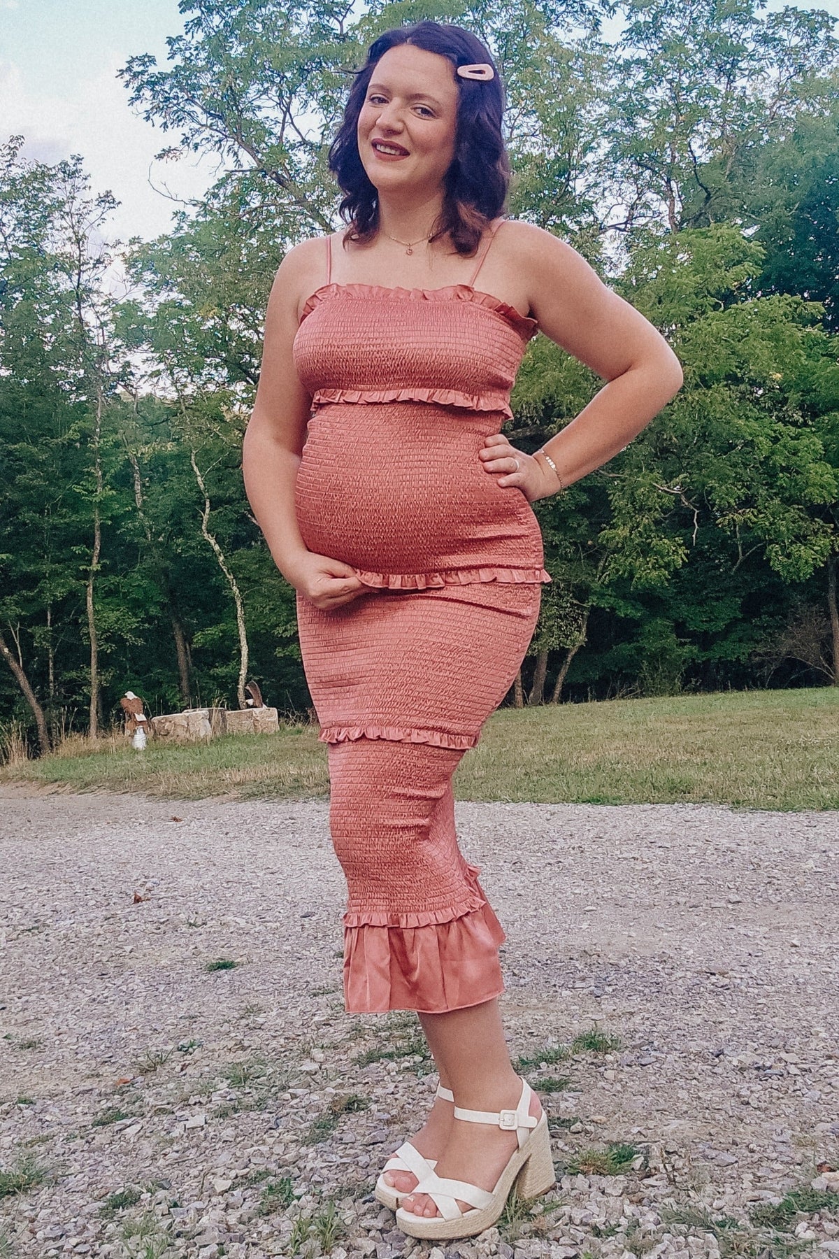 Mauve Satin Smocked Fitted Maternity Midi Dress by PinkBlush (view 12 of 24)