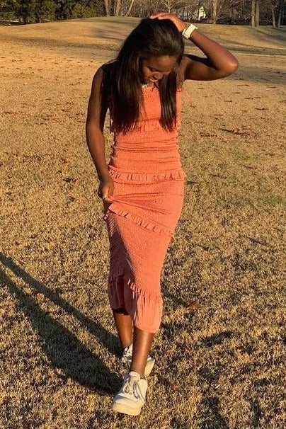 Mauve Satin Smocked Fitted Midi Dress by PinkBlush (view 5 of 8)