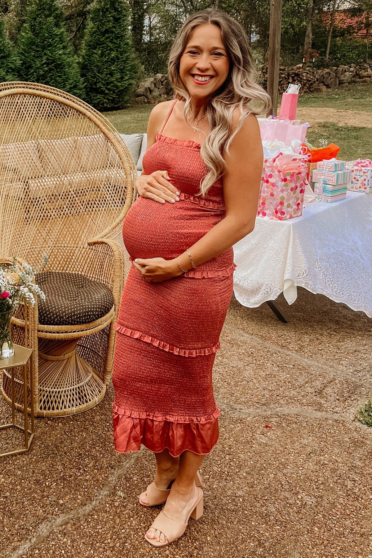 Mauve Satin Smocked Fitted Maternity Midi Dress by PinkBlush (view 13 of 24)